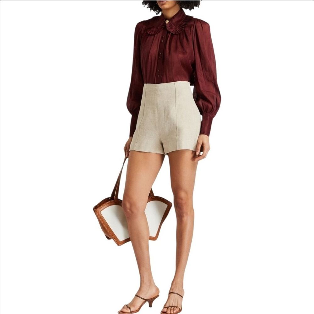 Aje Idealist Pleated Collar Blouse Burgundy Merlot Silk Linen Puff Sleeve Sz 10